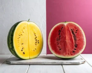Yellow vs. Red Watermelon Comparison Yellow watermelon and red watermelon side by side.