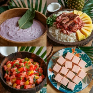 an-image-split-in-4-featuring-Poi-A-close-up-of-a-traditional-wooden-bowl-filled-with-smooth-light-purple-poi-garnished-with-a-taro-leaf.popular Hawaiian dishes