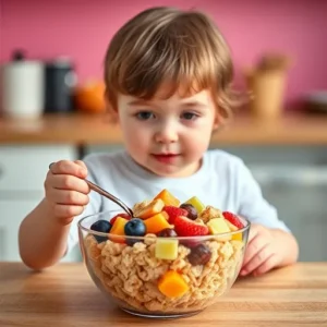 child-enjoying-a-bowl-of-Rice-Krispies-topped-with-colorful-fruit-illustrating-how-to-make-them-more-nutritious.