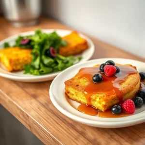 comparison-image-showing-two-plates-one-with-savory-fried-cornbread-served-with-greens-and-another-with-sweet-fried-cornbread-syrups-recipesfair.com