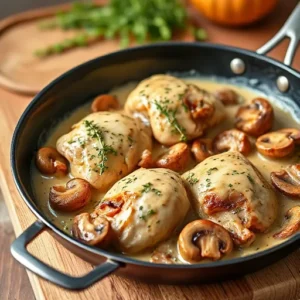 skillet-showing-sauteed-chicken-thighs-and-mushrooms-in-a-creamy-garlic-sauce-garnished-with-thyme-sprigs-recipesfair.com