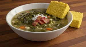 A bowl of swamp soup garnished with turnip greens, bacon bits, and cornbread on the side.