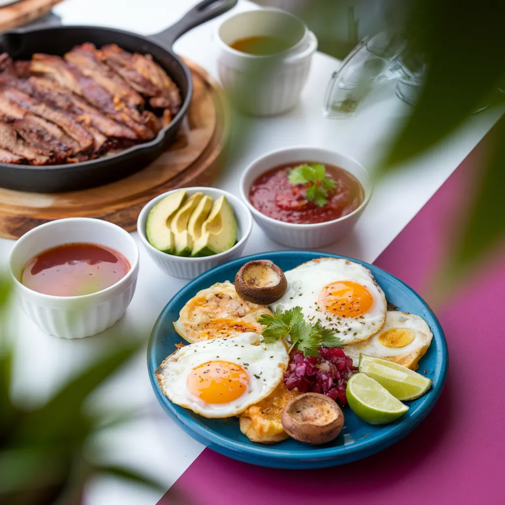 table-featuring-a-skillet-of-crispy-carnitas-a-platter-of-eggs-cooked-in-various-styles-and-bowls-of-garnishes-like-avocado-salsa-and-lime-wedges