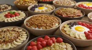 A table filled with a variety of finished breakfast bowls, including sweet and savory options