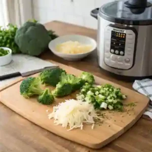 Ingredients for Instant Pot Broccoli Cheddar Soup next to an Instant Pot.