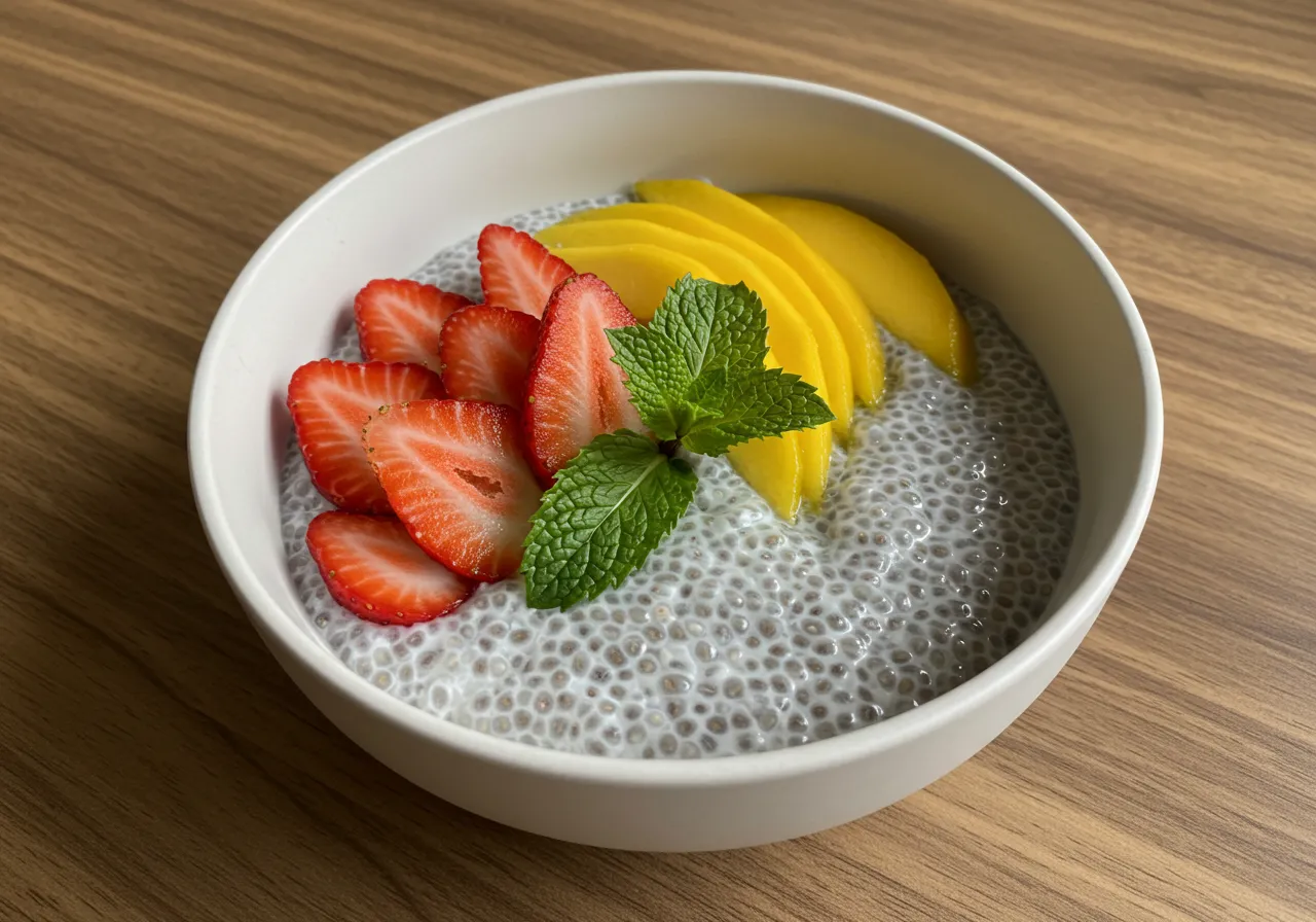 Chia seed pudding with mango and strawberries best for Sweet Breakfast Recipes.