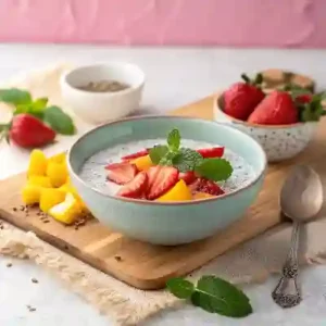 Chia seed pudding with mango and strawberries.
