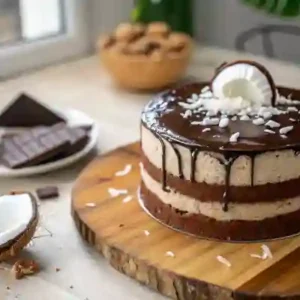 Layered coconut chocolate cake with chocolate ganache and coconut garnish.