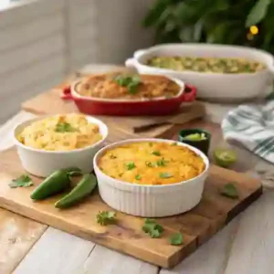 Variations of corn pudding and corn casserole with different toppings.