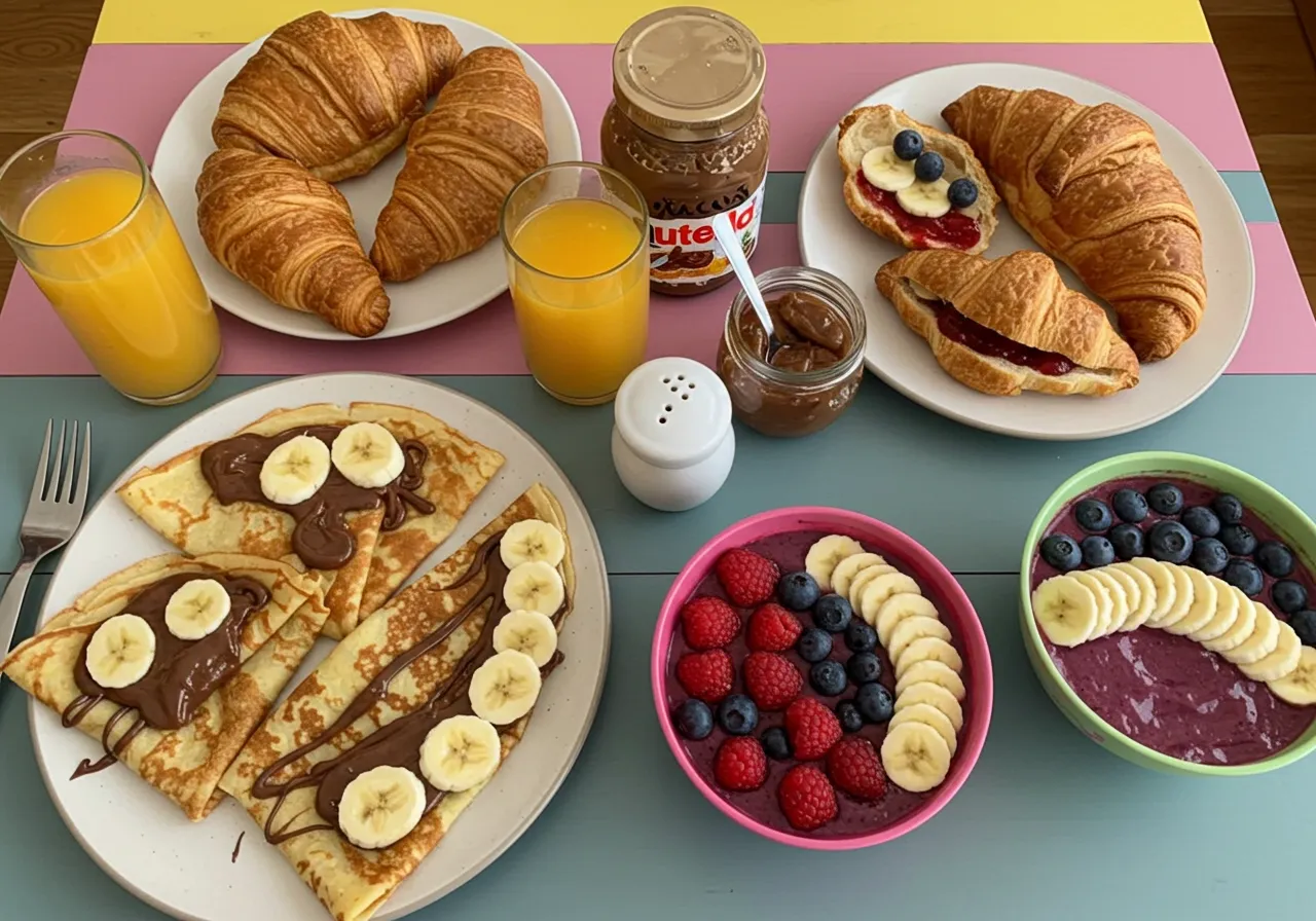 Sweet breakfast table with crepes, croissants, and smoothie bowls.