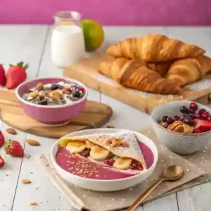 Sweet breakfast table with crepes, croissants, and smoothie bowls.
