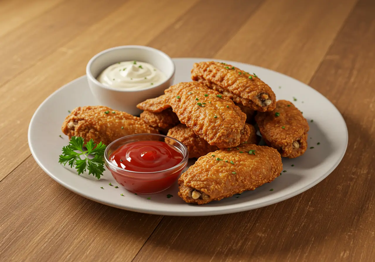Crispy air-fried frozen chicken wings with dipping sauce. how to cook frozen chicken wings