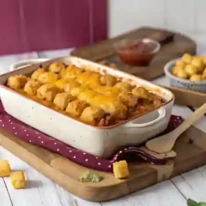 Freshly baked Taco Tater Tot Casserole topped with melted cheese and crispy tater tots.
