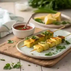 Grilled pineapple and cheese skewers garnished with herbs.