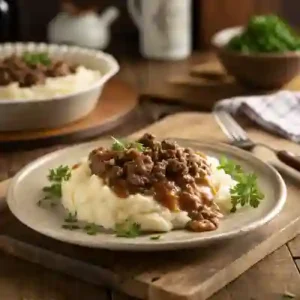 Plate of mashed potatoes with ground beef and gravy.