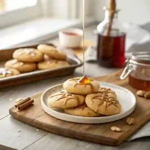 Freshly baked maple syrup cookies garnished with syrup drizzle.