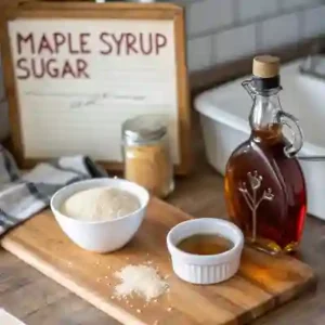  Maple syrup and granulated sugar placed side by side for substitution.
