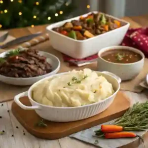 Family-style serving dish with mashed potatoes and sides.