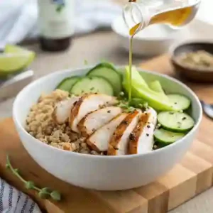 Grain bowl with chicken, quinoa, and vegetables