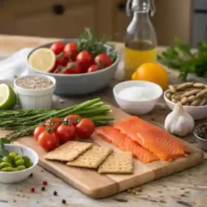  Mediterranean ingredients with smoked salmon and veggies.