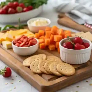 Vibrant snack board with crackers, cheese, and fruits.
