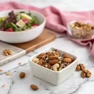  Toasted almonds, walnuts, and sunflower seeds in a small dish.