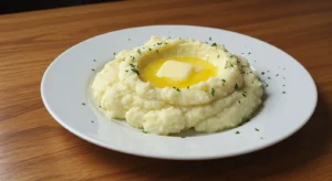 Plate of creamy mashed potatoes with butter and parsley garnish.