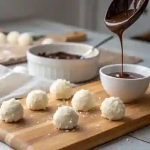 shaping coconut balls before coating in chocolate.