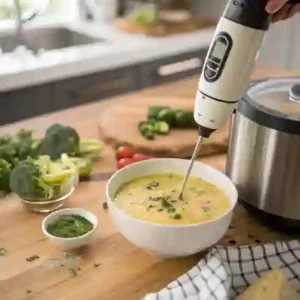 Immersion blender blending creamy broccoli cheddar soup in an Instant Pot.