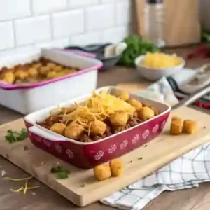 layering ingredients for a Taco Tater Tot Casserole in a rustic dish.
