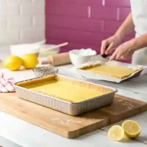 Pressing crust mixture into a pan for lemon cheesecake bars.
