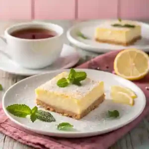 Sliced lemon cheesecake bars served on a white plate