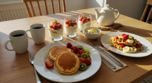 Sweet breakfast spread with pancakes, waffles, and fruits.