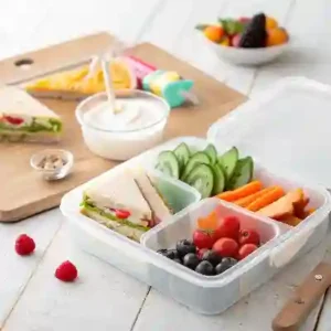 A colorful lunchbox with veggies, fruit, a shaped sandwich, and yogurt.
