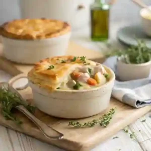 Chicken Pot Pie With Puff Pastry Chicken pot pie with flaky puff pastry crust garnished with herbs.