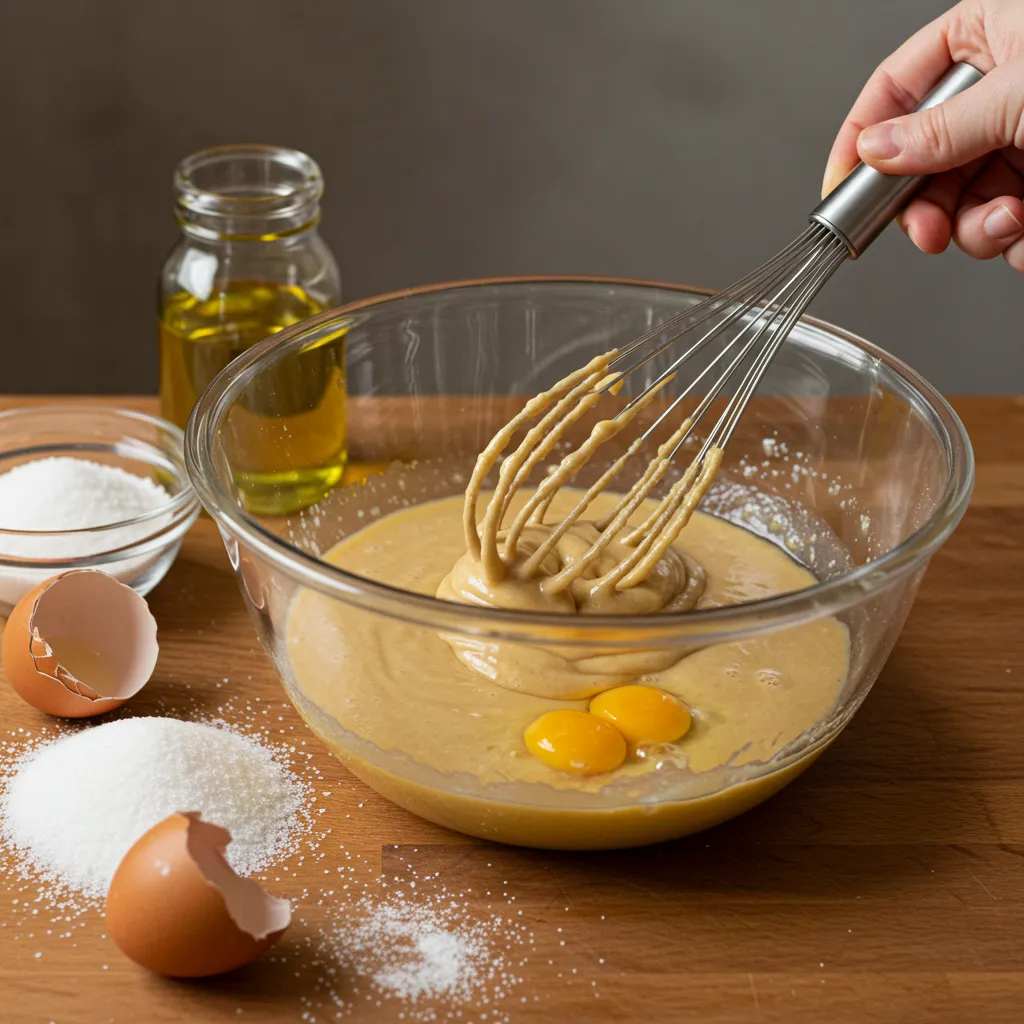 Mixing Banana Bread Batter Mixing banana bread batter with oil in a glass bowl -Banana bread recipe with oil -