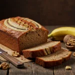 Freshly baked banana bread loaf with oil, sliced to show moist texture