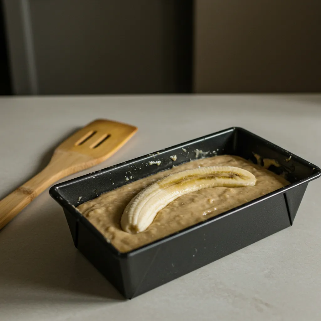Banana Bread Batter in Loaf Pan Banana bread batter with oil in a loaf pan, ready for baking