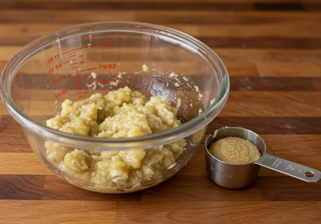 A bowl of mashed bananas with a measuring cup for precise baking.